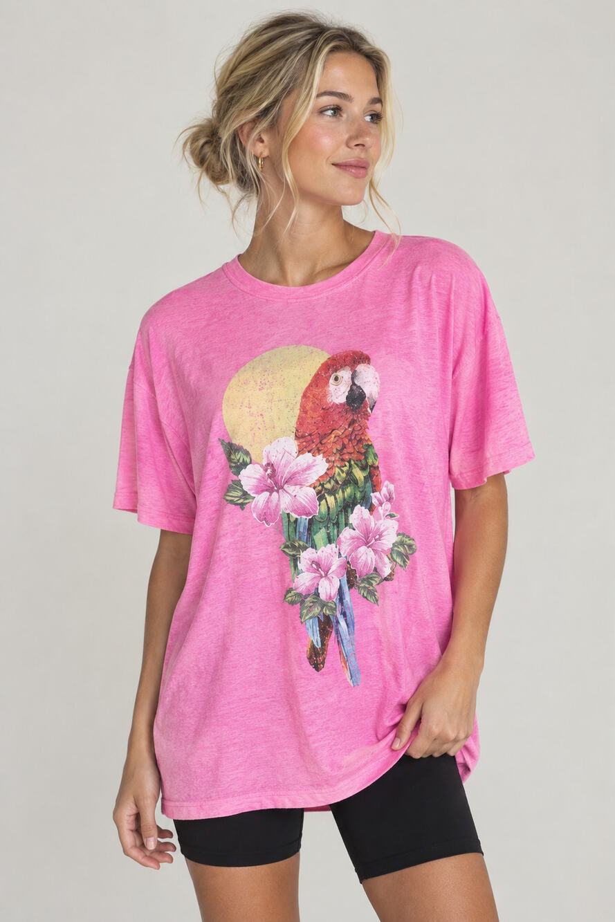 Aerie Oversized Parrot Graphic Tee Hot Pink Sz XS Loungewear Casual